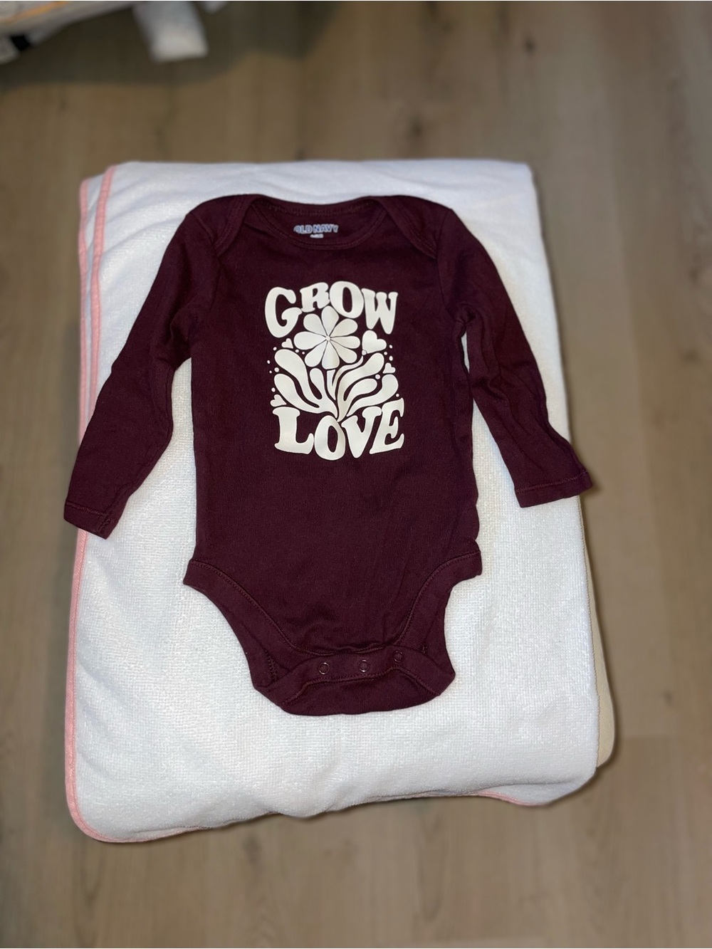 Old Navy Burgundy Long-Sleeve Baby One-Piece with Cream "Grow Love" Graphic